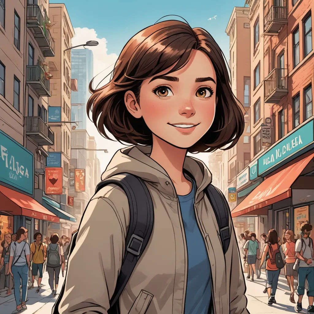 a woman standing in the middle of a city street with a backpack on her back and a city street sign above her, photorealism, a comic book panel, Artgerm, rossdraws global illumination