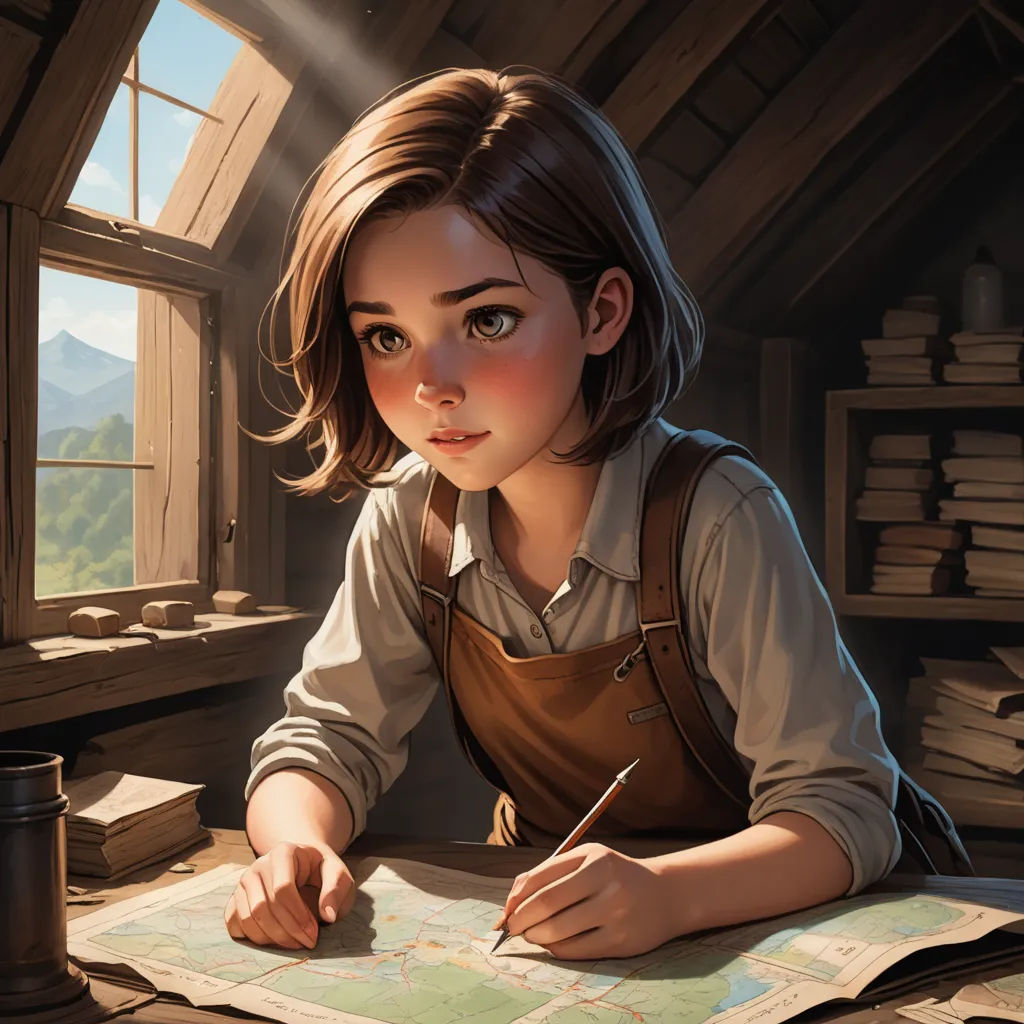 a girl is sitting at a desk writing on a map and looking out the window at the mountains outside, fantasy art, a detailed painting, Artgerm, trending on art station