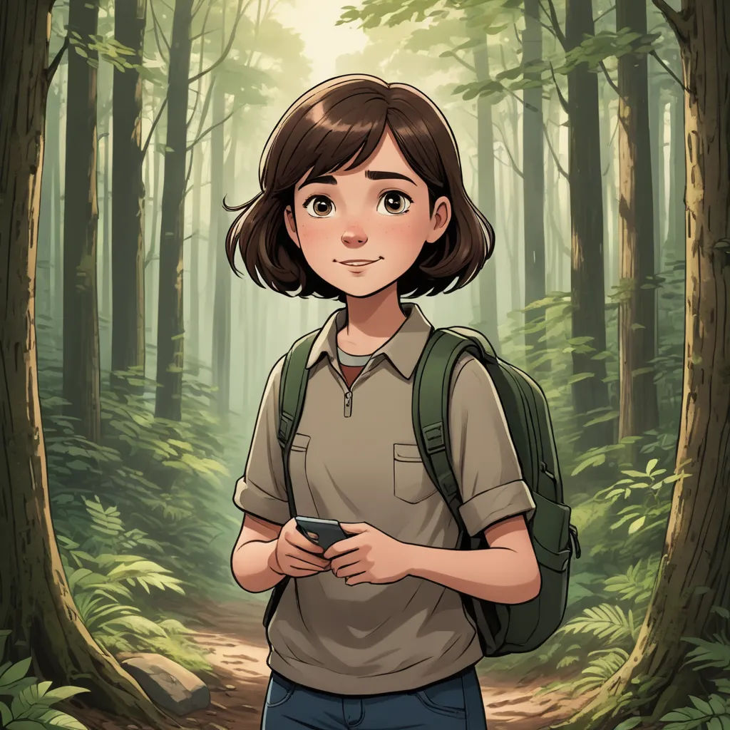 a girl in a forest with a backpack on her back and a cell phone in her hand, looking at the camera, serial art, a character portrait, Clarice Beckett, official art
