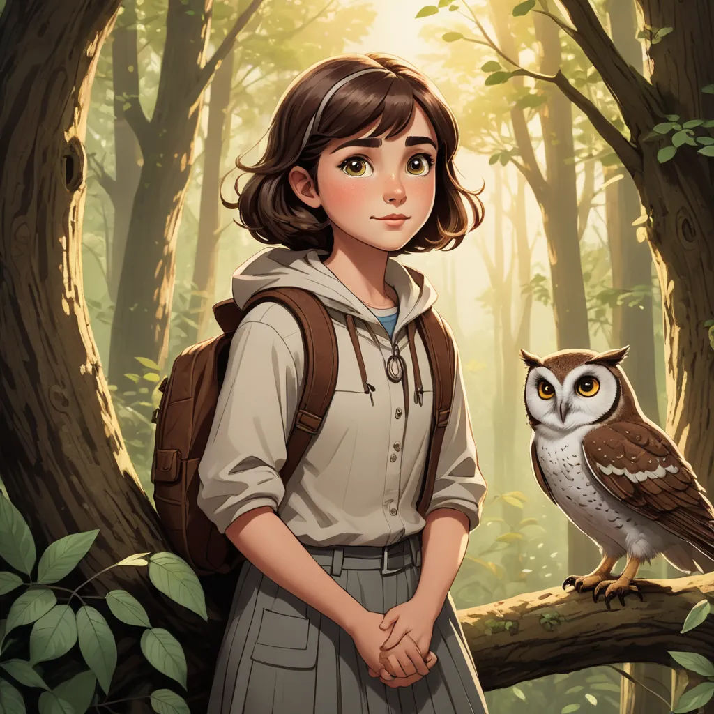 a girl standing in front of a tree with an owl on her shoulder and a backpack on her shoulder, fantasy art, a character portrait, Clarice Beckett, official art