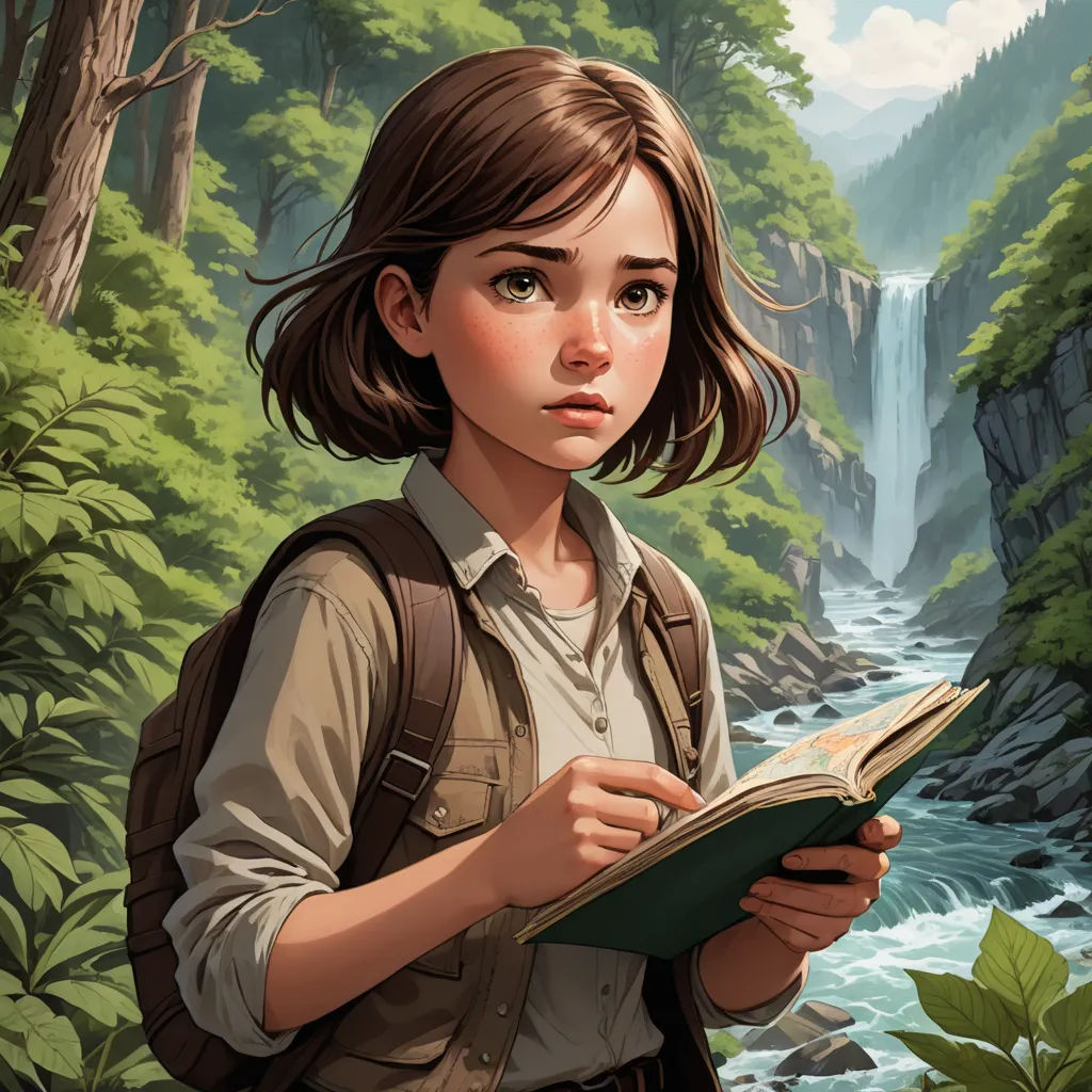a girl is standing in front of a waterfall and reading a book with a waterfall in the background and a waterfall in the foreground, fantasy art, a storybook illustration, Cliff Childs, stanley artgerm lau