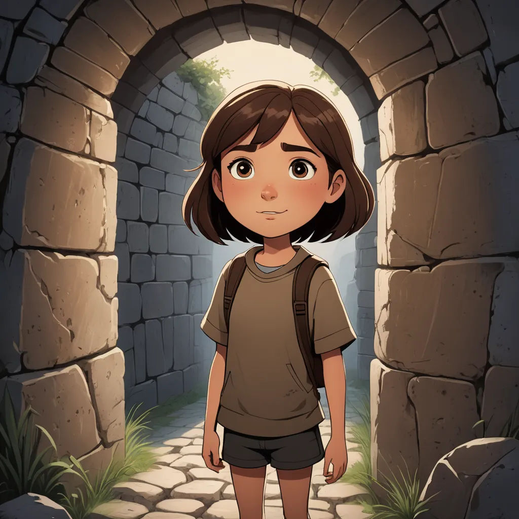 a cartoon girl standing in a tunnel with a backpack on her shoulder and a backpack on her shoulder, in front of a stone wall, paris school, a character portrait, Diego Gisbert Llorens, rossdraws global illumination