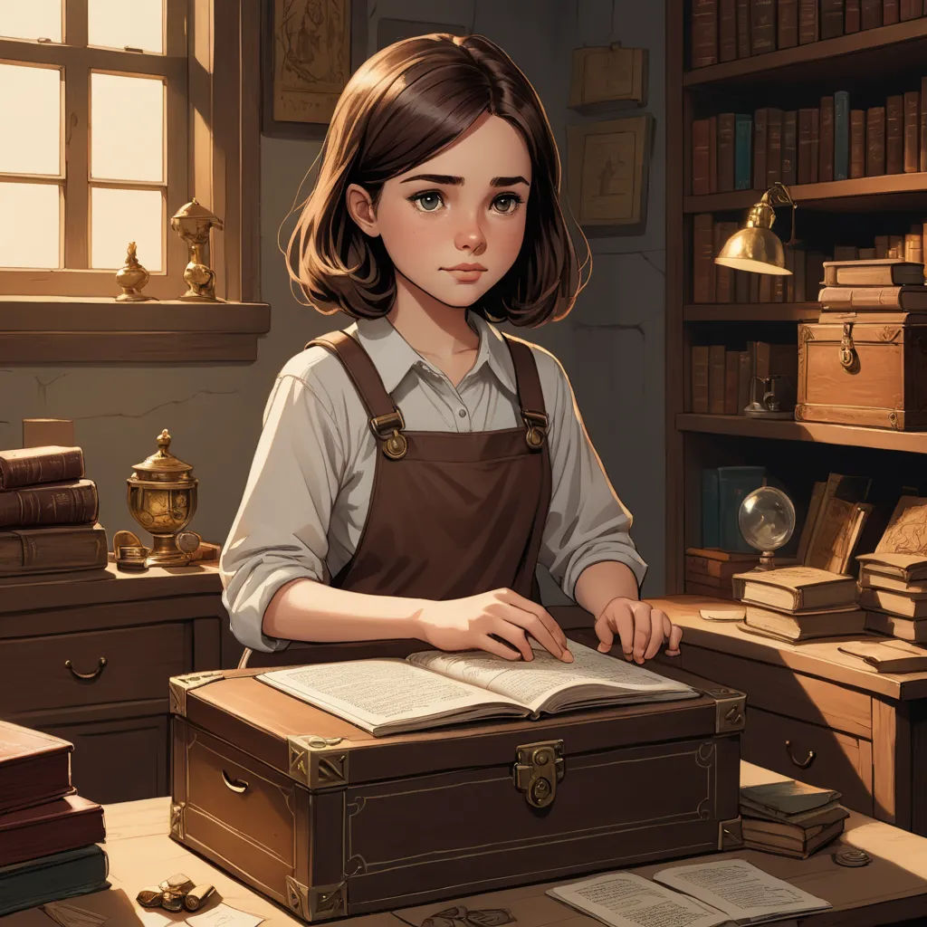 a girl is standing in front of a desk with a book and a suitcase on it, and a bookcase in the background, fantasy art, a storybook illustration, Charlie Bowater, trending on art station