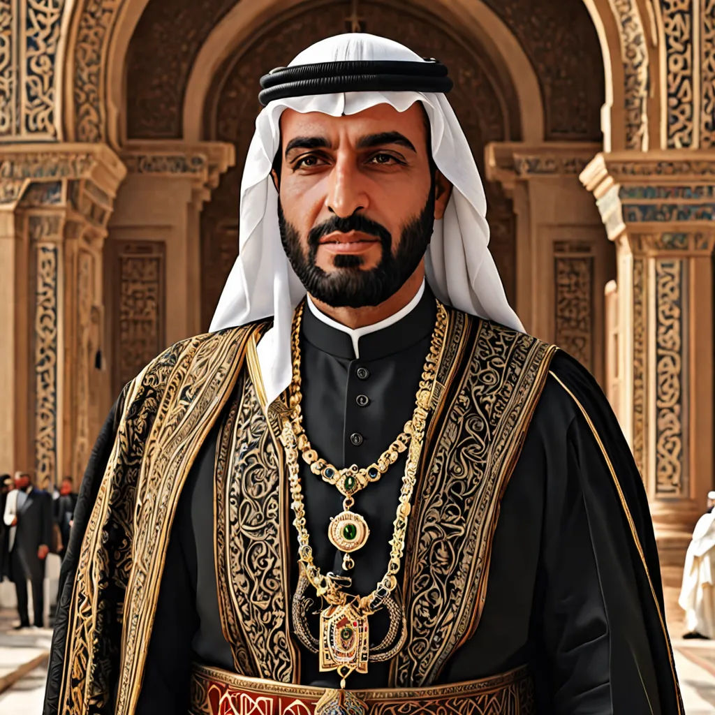 a man in a black and gold outfit standing in front of a building with a gold and white necklace, qajar art, a character portrait, Altoon Sultan, regal