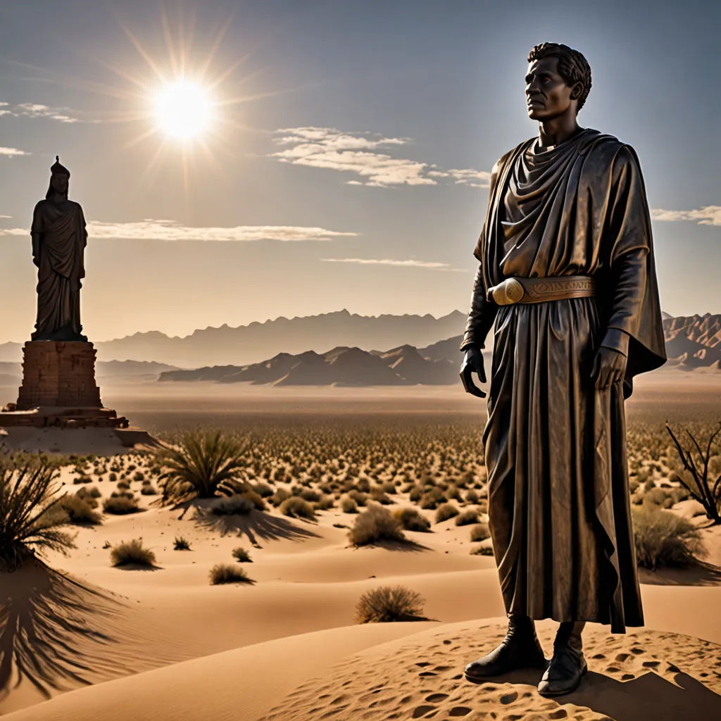 a statue of a man standing in the desert with a sun in the background and a mountain range in the distance, classical realism, a bronze sculpture, Amir Zand, desert