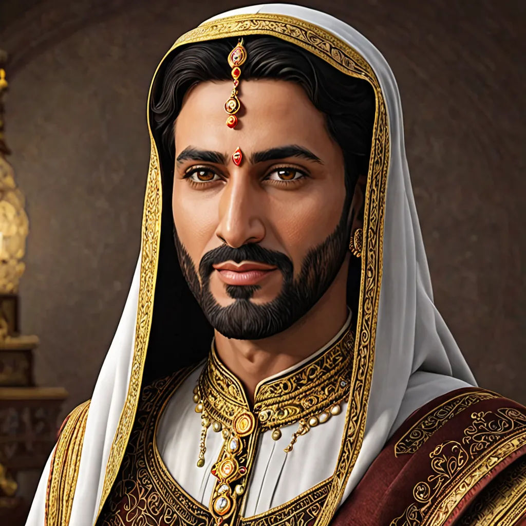 a man in a golden and white outfit with a beard and a gold crown on his head and a golden clock behind him, qajar art, a detailed painting, Altoon Sultan, highly detailed digital painting