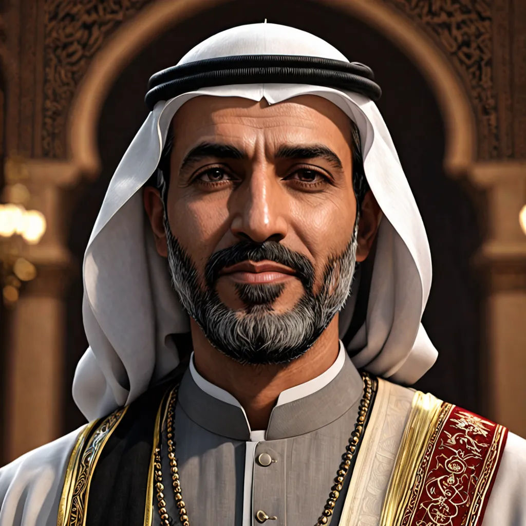 a man in a white and gold outfit with a beard and a beard mustache and a white and gold outfit, hurufiyya, a character portrait, Altoon Sultan, rpg portrait