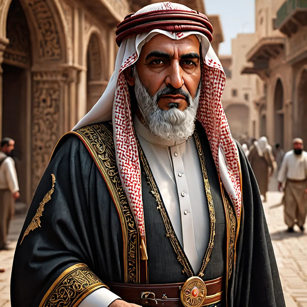 a man in a black and red outfit is standing in a street with people in the background and a building, hurufiyya, a detailed matte painting, Altoon Sultan, realistic character concept