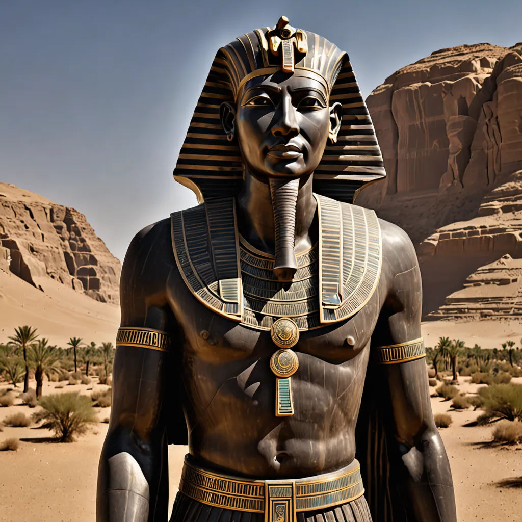 a statue of an egyptian pharaoh in the desert with a mountain in the background, with a sky background, afrofuturism, egyptian art, Chafik Charobim, orientalism
