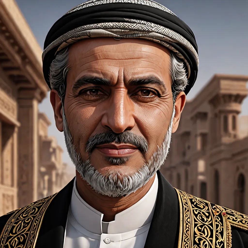 a man with a beard and a black and gold outfit in a city street with a building in the background, photorealism, a photorealistic painting, Altoon Sultan, highly detailed digital painting