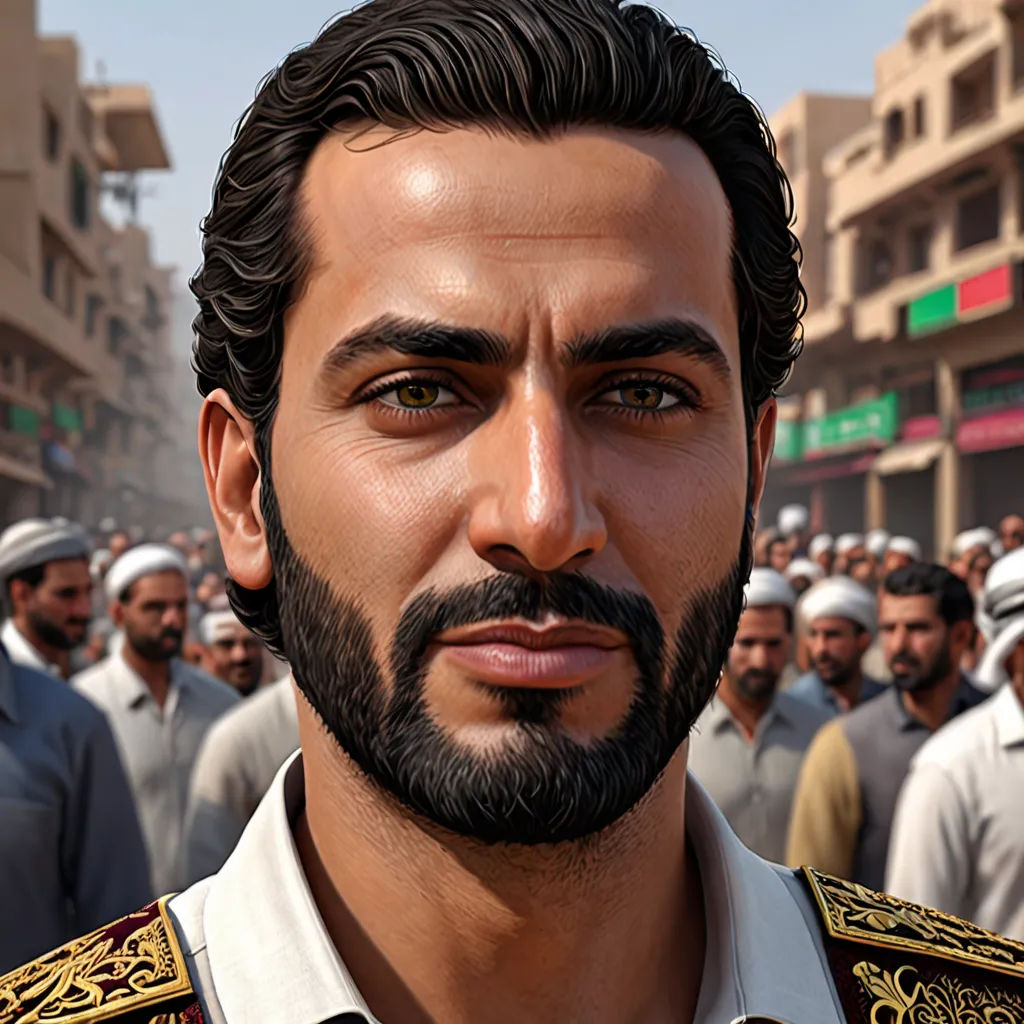 a man with a beard and a beardcut in a crowd of people in a city street with buildings, qajar art, a character portrait, Altoon Sultan, ultra realistic faces