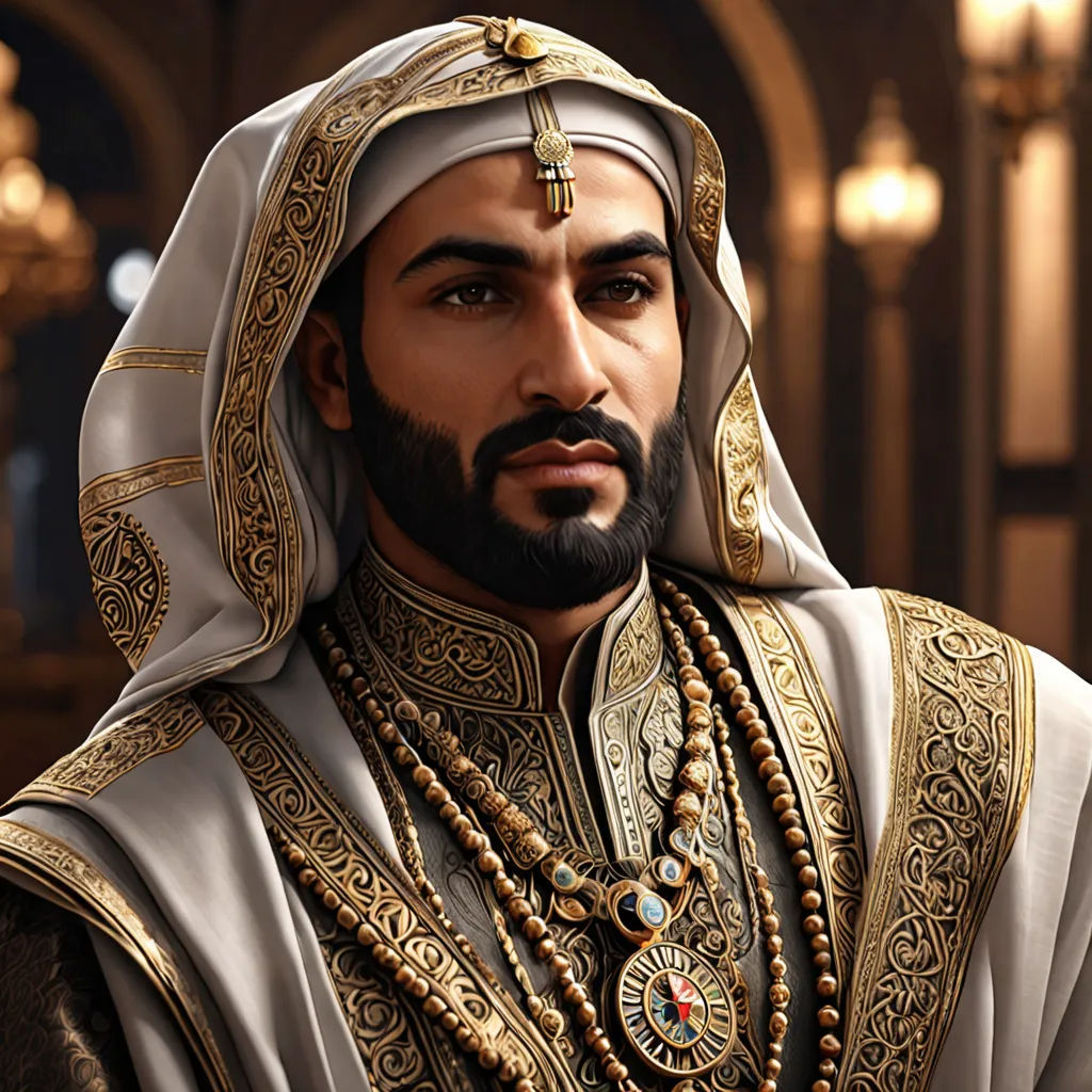 a man in a white and gold outfit with a beard and a gold necklace and a gold necklace and a white and gold headdress, qajar art, a character portrait, Altoon Sultan, unreal engine highly rendered