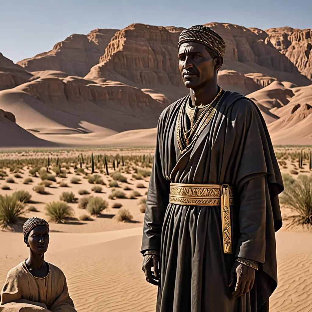 a man in a desert with a desert landscape in the background and a man in a desert outfit standing next to him, afrofuturism, a bronze sculpture, Chafik Charobim, promotional image