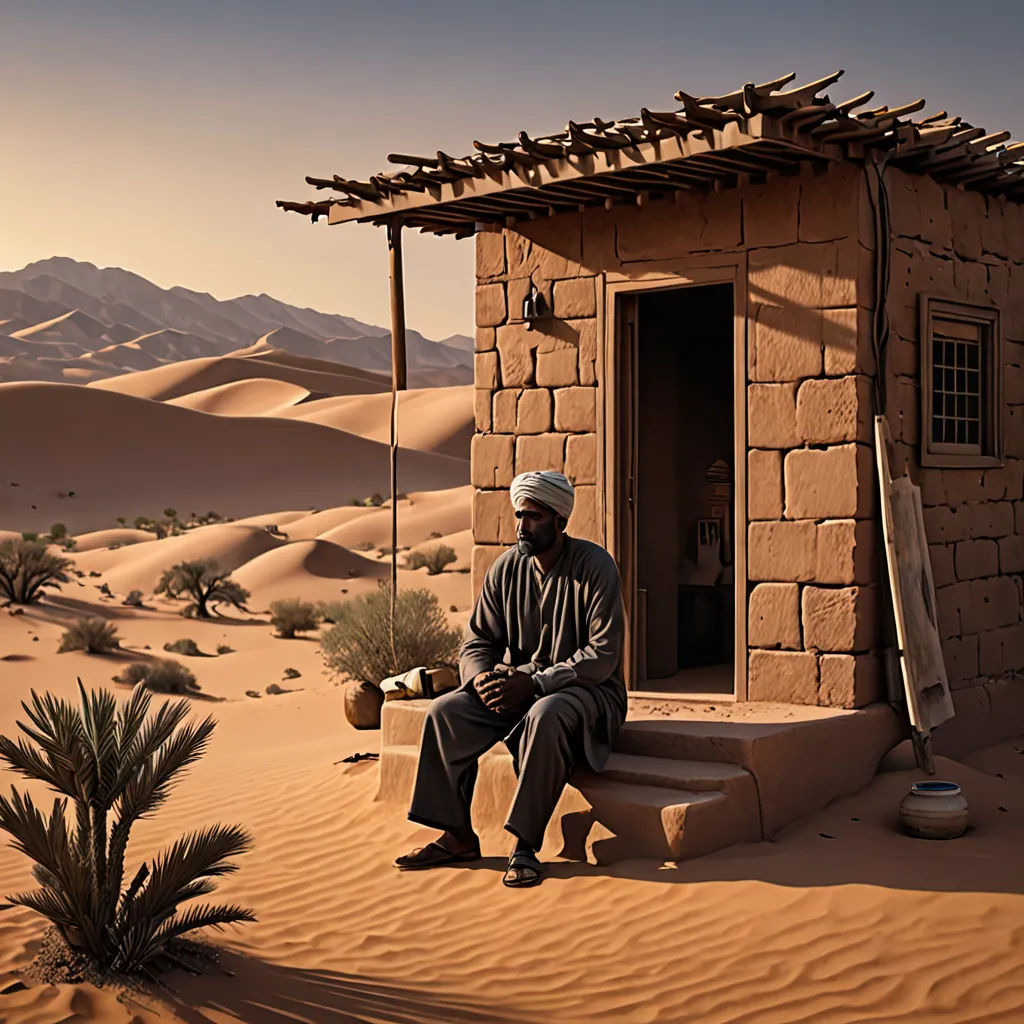 a man sitting on a step in the desert with a desert house in the background and mountains in the distance, art photography, egyptian art, Amir Zand, desert
