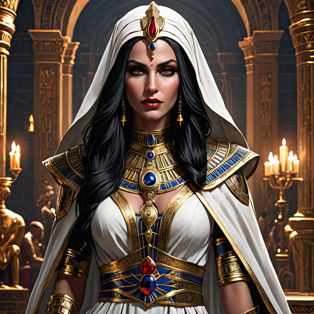 a woman dressed in a white and gold costume with a white veil and gold jewelry and a red and blue jeweled necklace, Chris Rallis, fantasy art, egyptian art, magic the gathering artwork