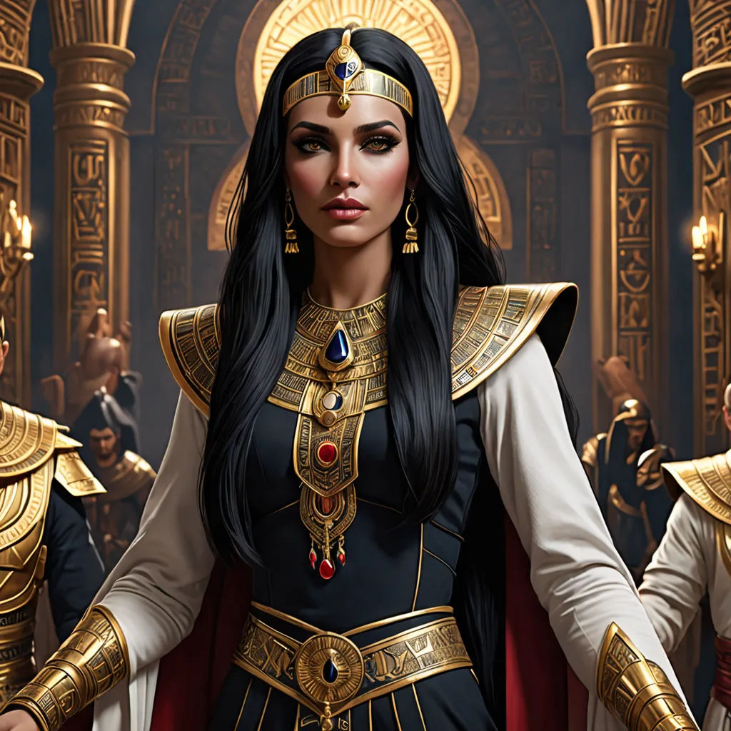 a woman dressed in a costume with gold jewelry and a sword in her hand, standing in front of a group of men, Donato Giancola, fantasy art, a detailed painting, magic the gathering artwork