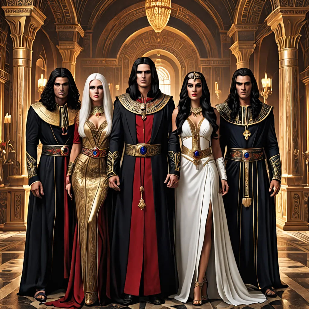 a group of people dressed in egyptian costumes standing in a hall with a chandelier in the background, Altoon Sultan, gothic art, a poster, promotional image