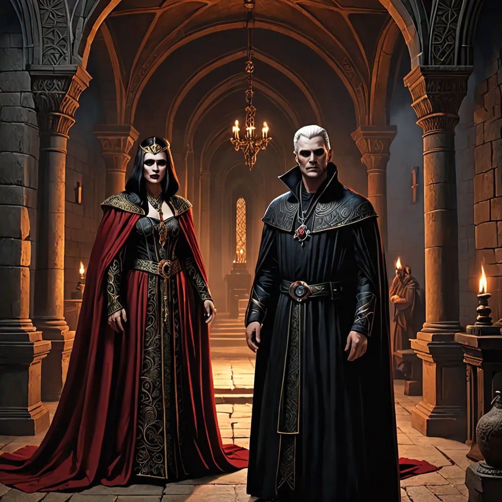 a couple of people standing in a room with a chandelier and a chandelier hanging from the ceiling, Cedric Peyravernay, gothic art, concept art, key art