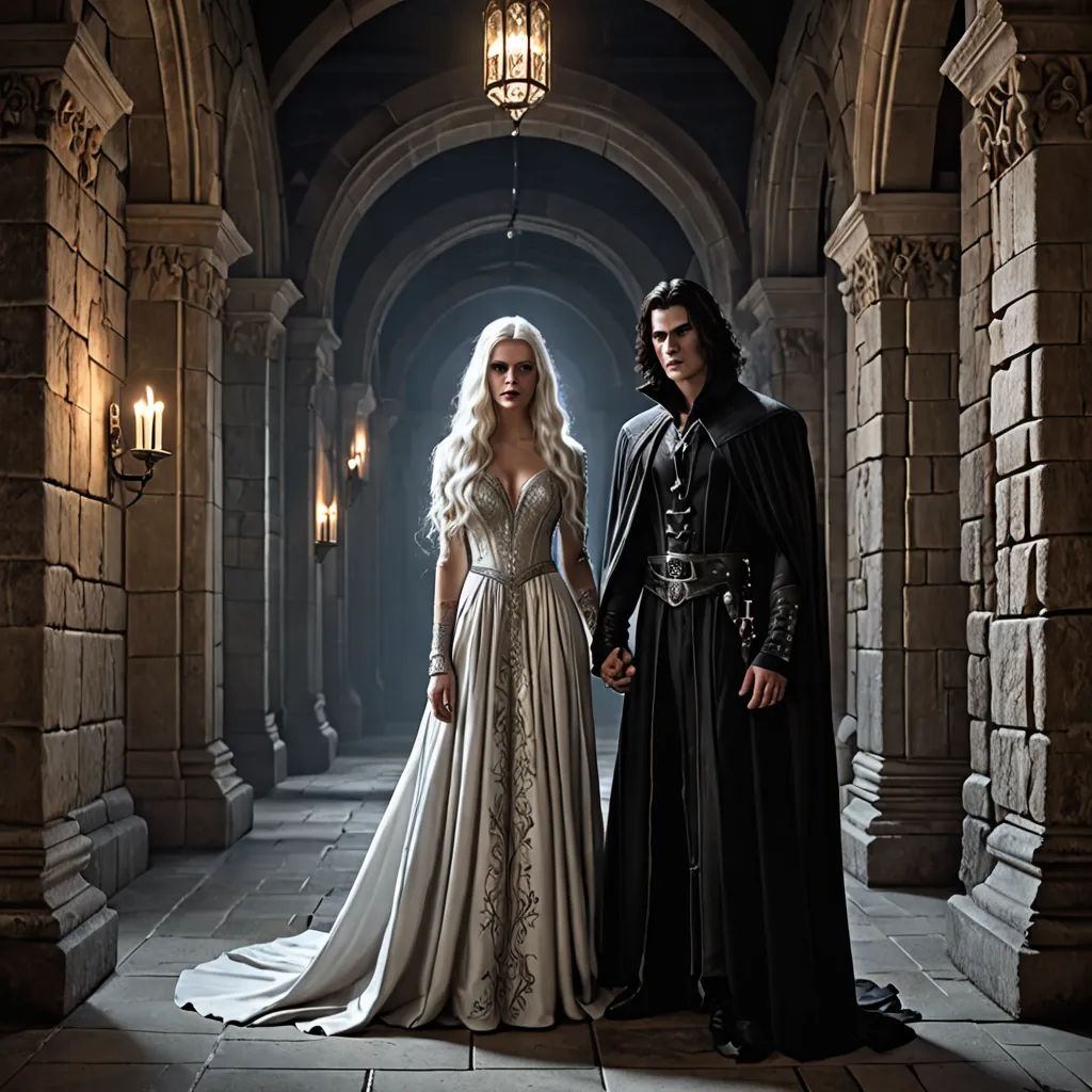 a man and a woman dressed in medieval costumes standing in a hallway with a light on the ceiling and a stone archway, Dirk Crabeth, gothic art, a poster, promotional image