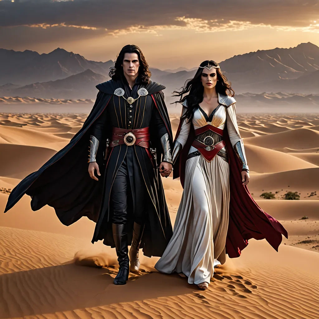 a man and a woman dressed in medieval clothing walking in the desert together, with a desert backdrop and mountains in the distance, Dirk Crabeth, fantasy art, a detailed matte painting, promotional image