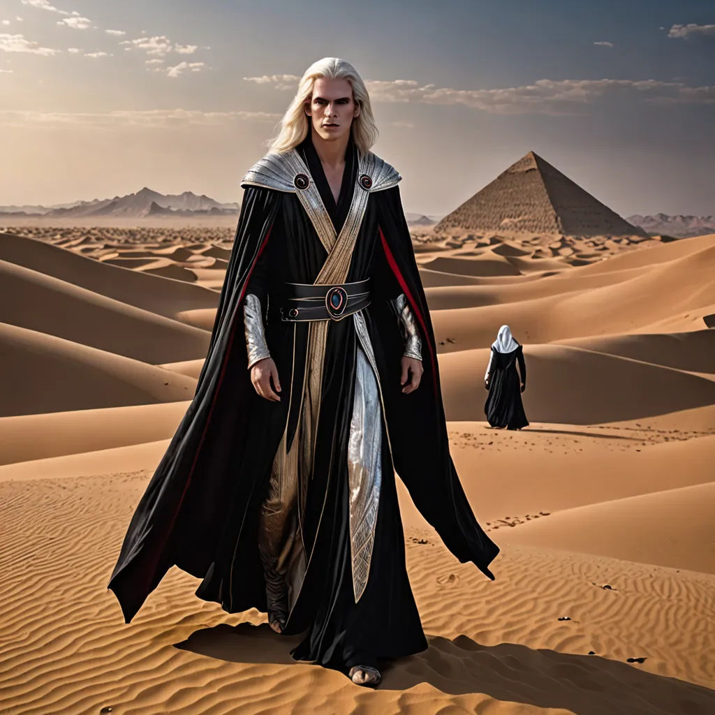 a man in a black and gold outfit walking in the desert with pyramids in the background and a person in the foreground, Altoon Sultan, antipodeans, a detailed matte painting, promotional image