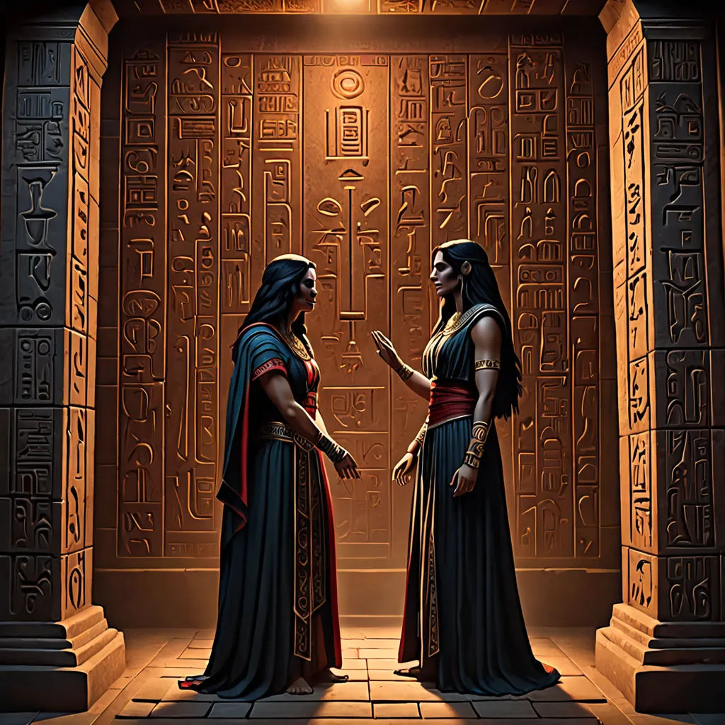 two women in egyptian dress standing in front of a doorway with egyptian writing on it and a light shining on the doorway, Art of Brom, fantasy art, egyptian art, magic the gathering artwork
