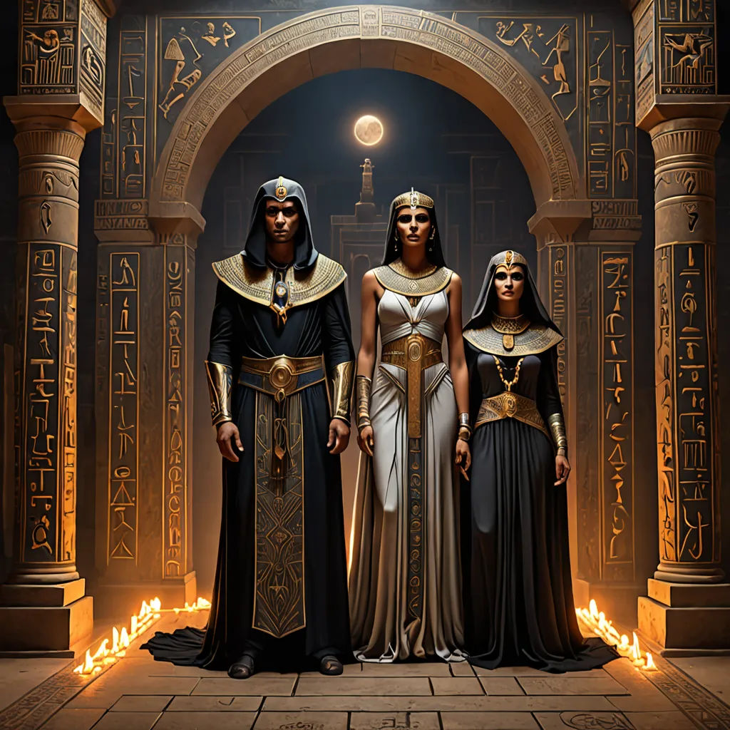 three egyptian women standing in front of a doorway with fire in the floor and a light in the ceiling, Christophe Vacher, fantasy art, egyptian art, behance hd