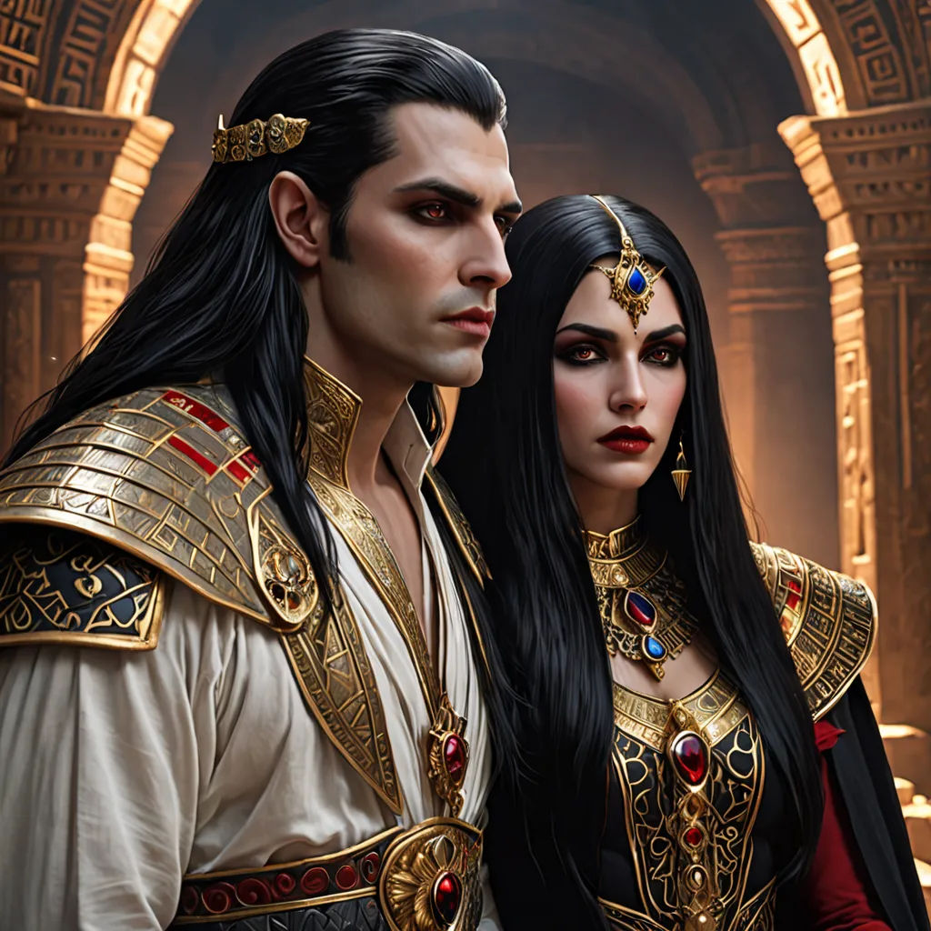 a man and a woman dressed in costumes standing next to each other in a room with arches and arches, Anne Stokes, fantasy art, a detailed painting, magic the gathering artwork
