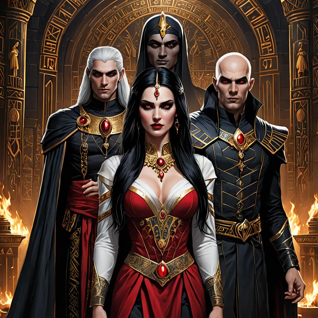a group of people dressed in costumes standing next to each other in front of a fire pit with a clock, Art of Brom, fantasy art, a detailed painting, magic the gathering artwork