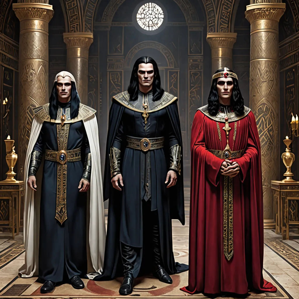three men in medieval costumes standing in a hall with columns and a chandelier in the background,, Brothers Hildebrandt, antipodeans, a detailed matte painting, promotional image