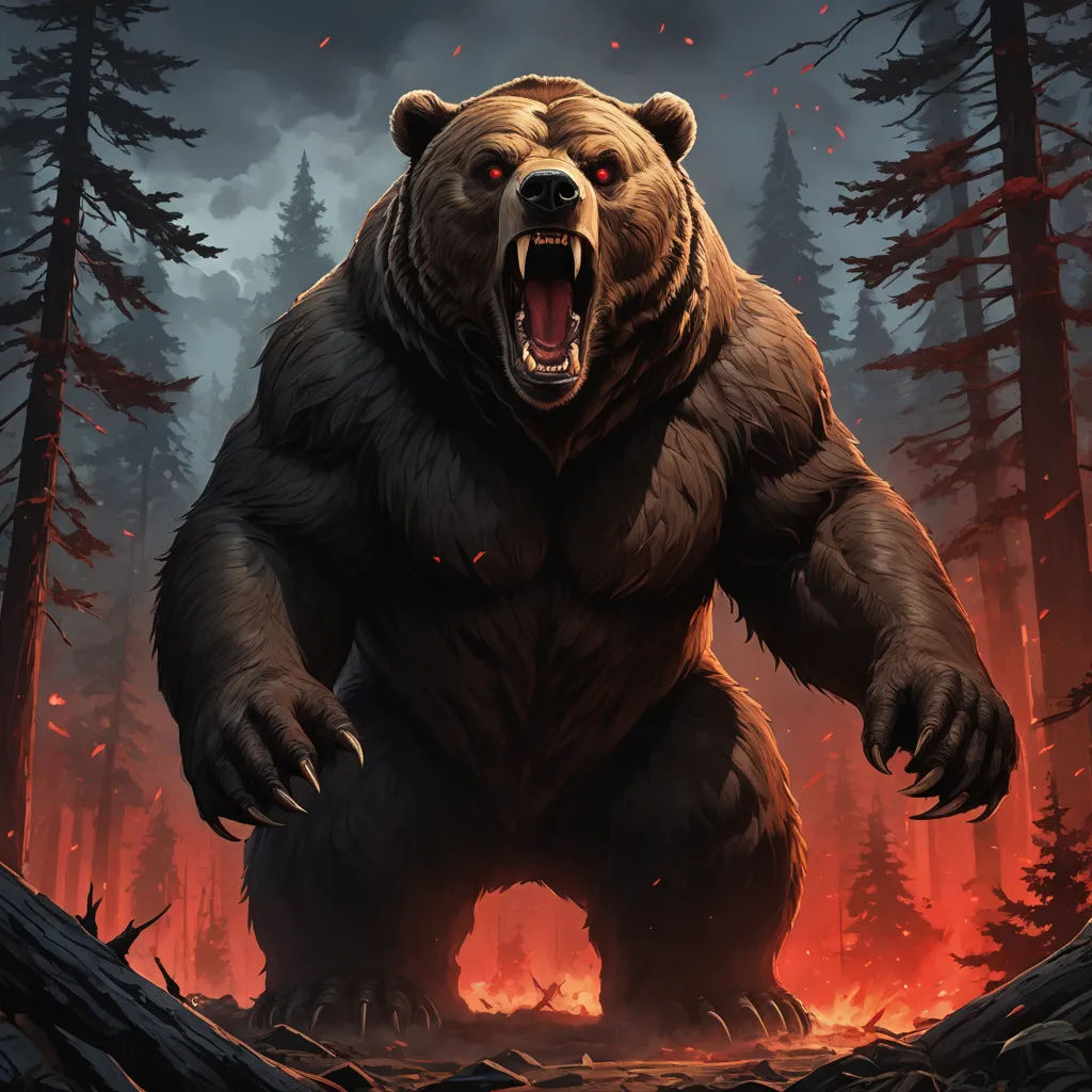 a bear with its mouth open standing in a forest with a fire in the background and a dark sky, furry art, concept art, Dan Mumford, magic the gathering artwork