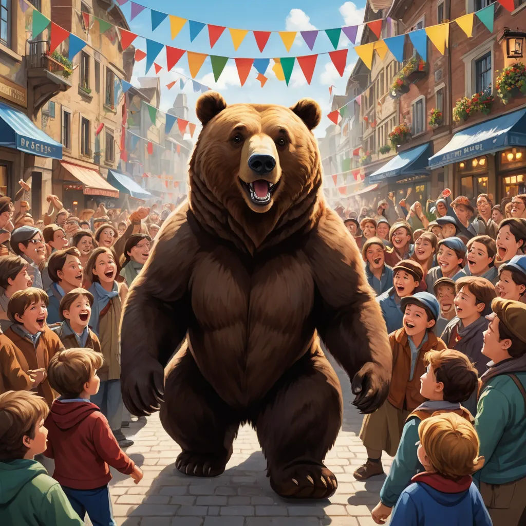 a large bear standing in front of a crowd of people in a town square with bunting flags and bunting, furry art, a storybook illustration, Chris LaBrooy, official art
