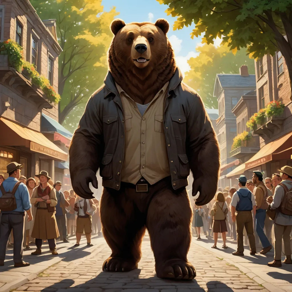 a large bear standing in the middle of a street with people walking around it and a man in a brown jacket, furry art, concept art, Chris LaBrooy, official art