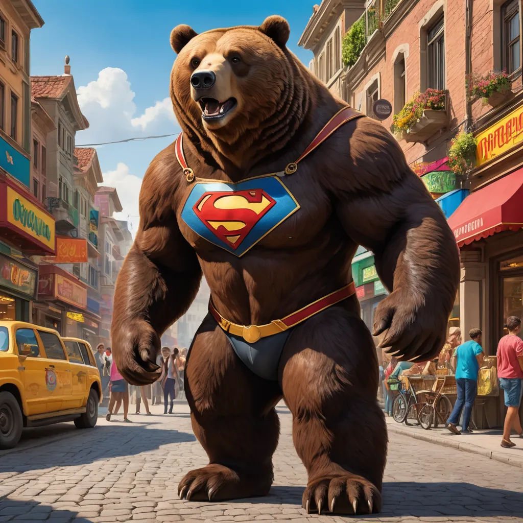 a giant bear in a superman costume on a city street with people walking by and a yellow taxi in the background, furry art, concept art, Chris LaBrooy, cgstudio