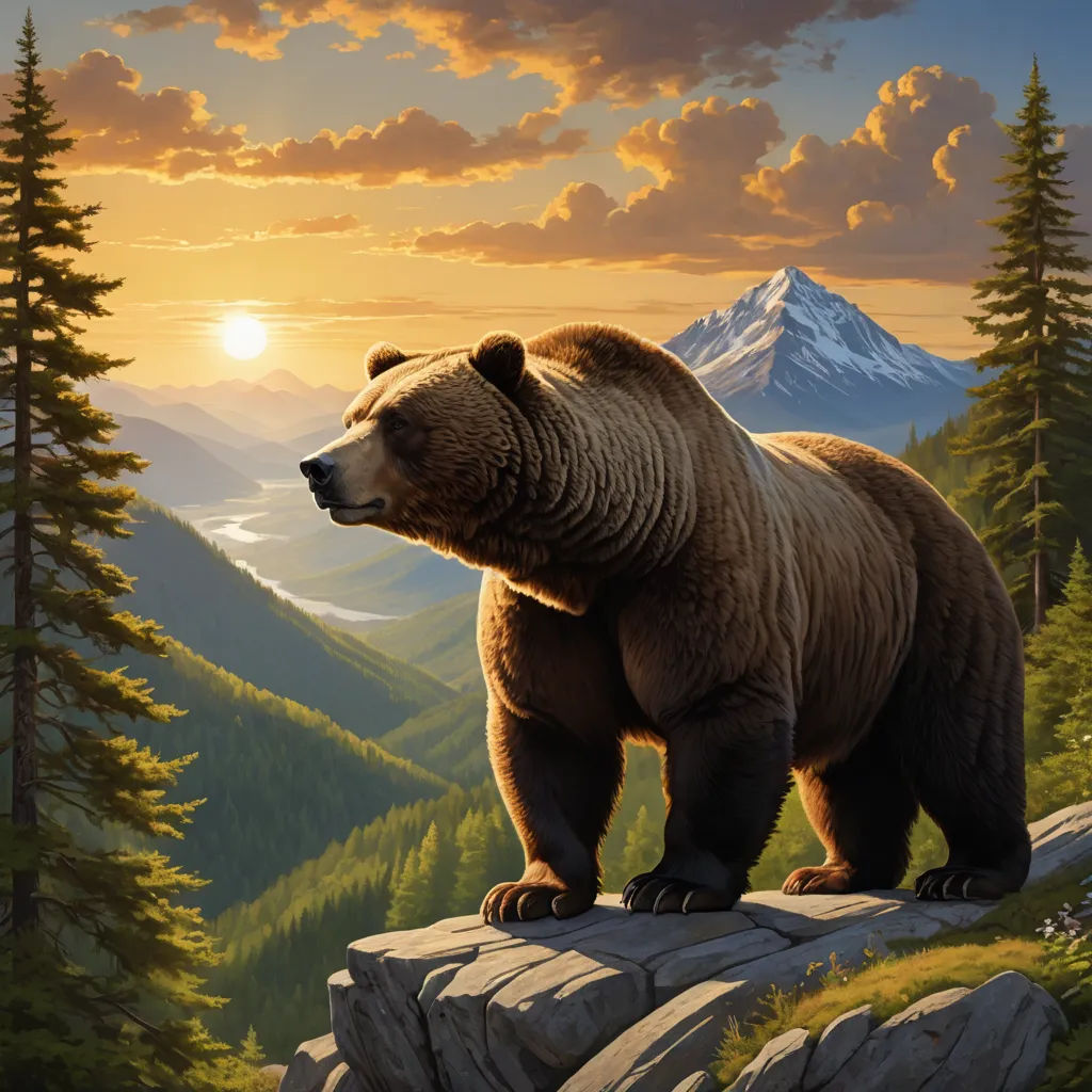 a painting of a bear standing on a rock in the mountains at sunset with the sun setting behind it, furry art, an airbrush painting, Chris LaBrooy, official art