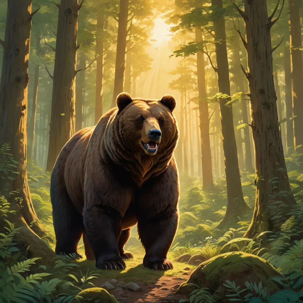 a bear is walking through a forest with sunlight coming through the trees and leaves on the ground and on the ground, furry art, concept art, Chris LaBrooy, magic the gathering artwork