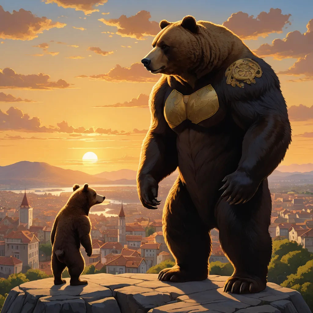 a bear and a bear cub stand on a ledge in front of a cityscape at sunset with a sunset in the background, fantasy art, a storybook illustration, Brothers Hildebrandt, official art