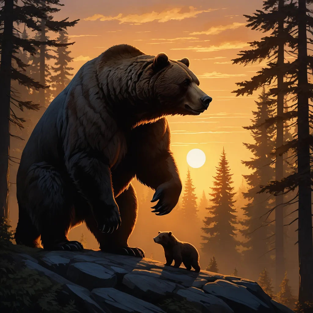 a bear and cub stand on a rock in the woods at sunset with the sun setting behind them and the trees, furry art, a storybook illustration, Dan Mumford, official art