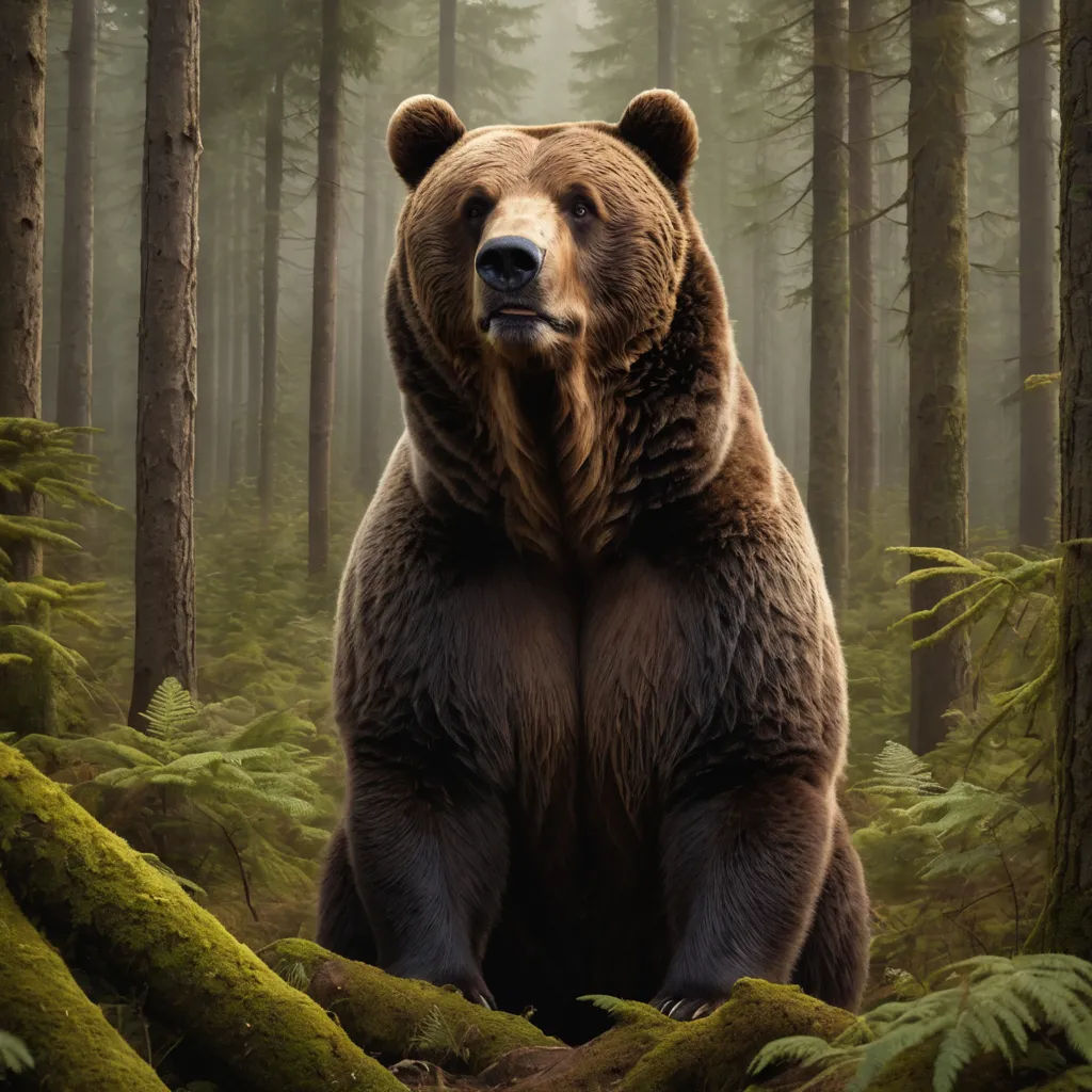 a large brown bear standing in a forest filled with trees and ferns, with a foggy sky behind it, naturalism, an ultrafine detailed painting, Chris LaBrooy, wildlife photography