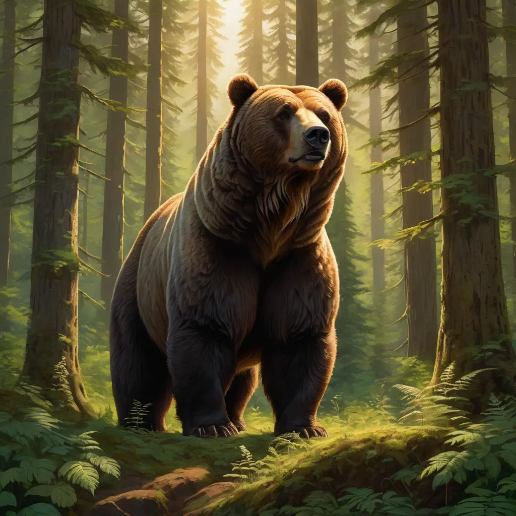 a painting of a bear in a forest with trees and grass in the background and sunlight shining through the trees, furry art, a digital painting, Chris LaBrooy, magic the gathering artwork
