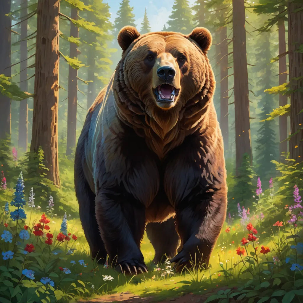 a large brown bear standing in a forest filled with flowers and trees, with its mouth open and mouth wide open, furry art, an ultrafine detailed painting, Chris LaBrooy, magic the gathering artwork