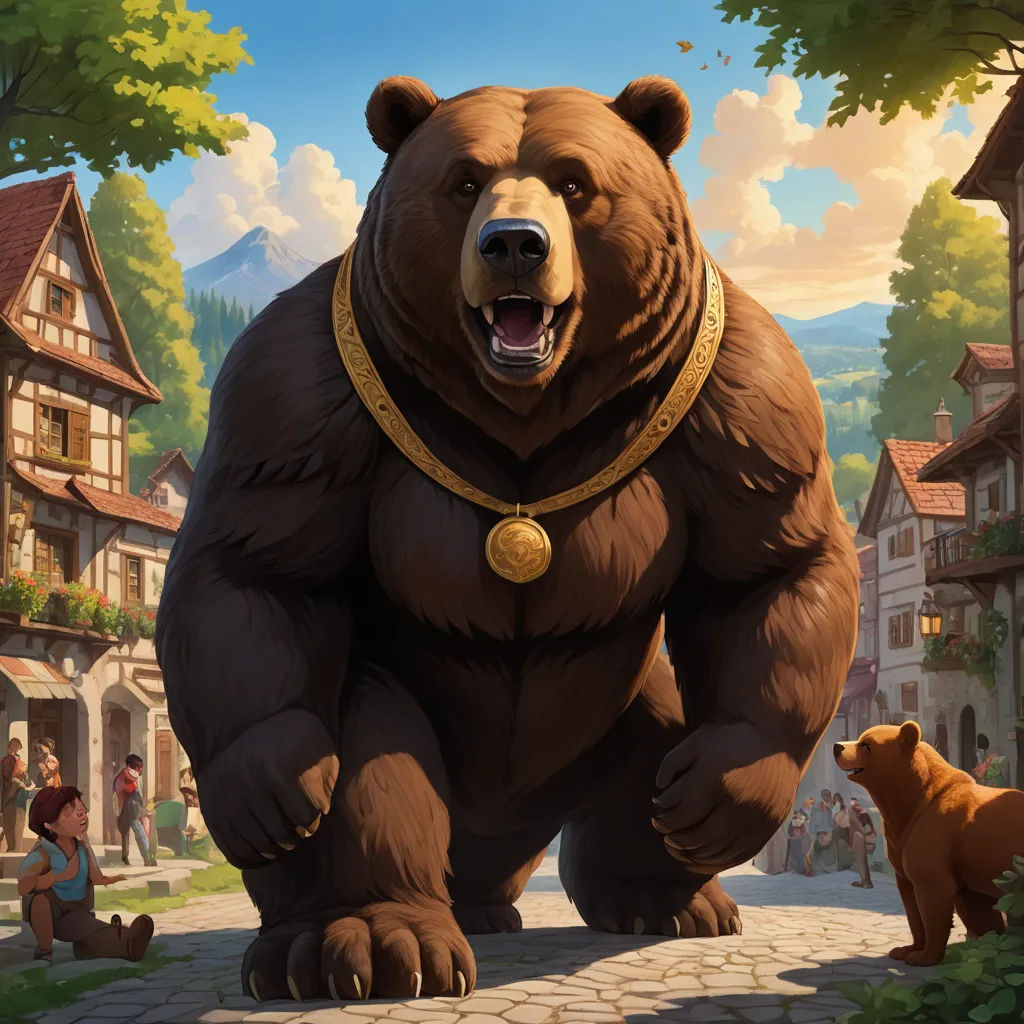 a large bear standing on a street next to a bear statue and a bear cub sitting on the ground, furry art, concept art, Chris LaBrooy, official art