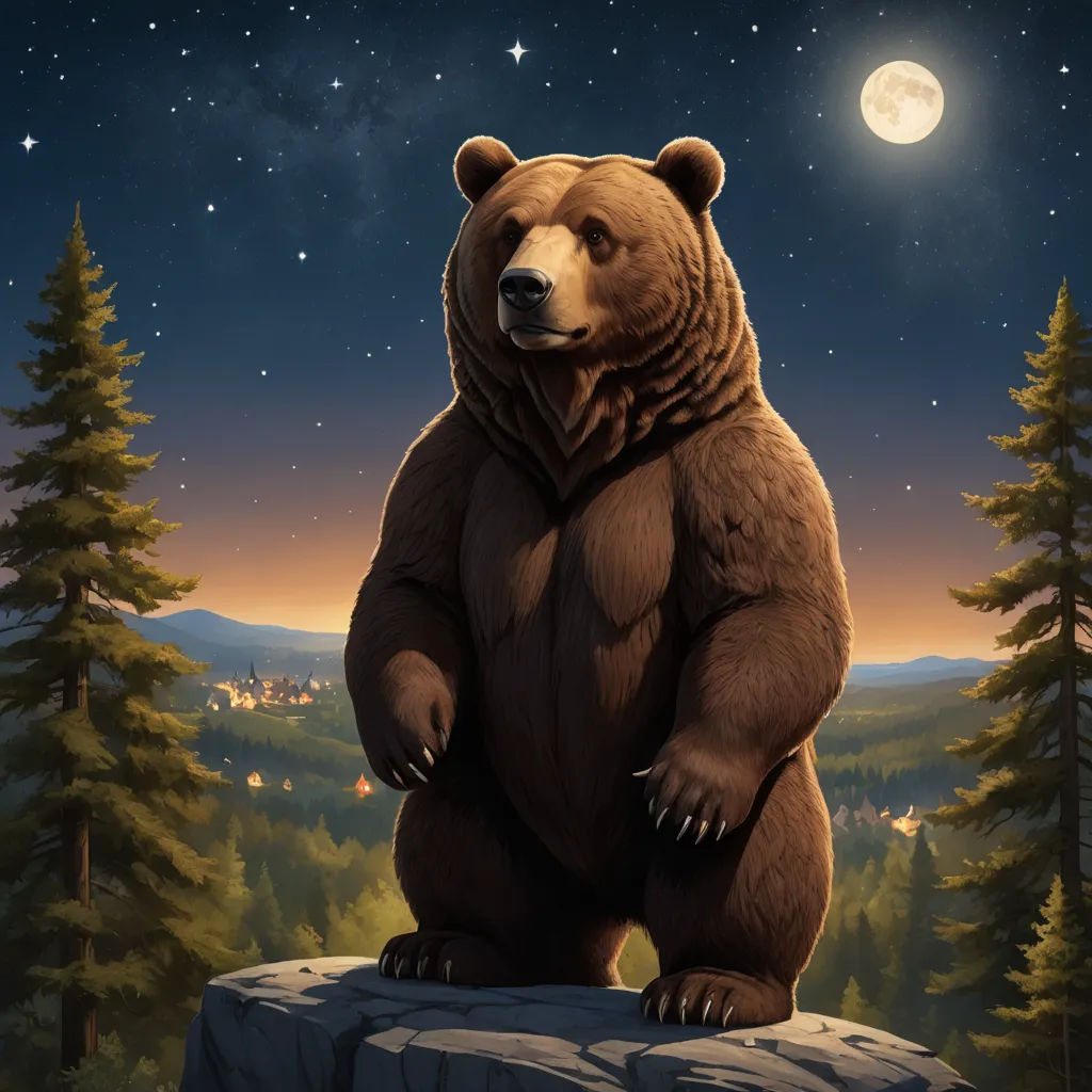 a bear standing on a rock in the woods at night with the moon in the sky above it and trees in the foreground, furry art, a digital painting, Chris LaBrooy, official art