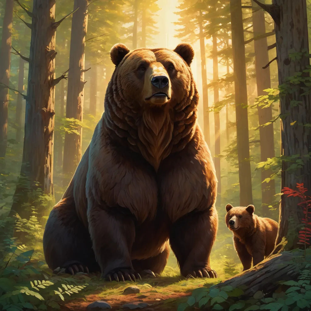 a bear and cub in a forest with sunlight coming through the trees and leaves on the ground and on the ground, furry art, a digital painting, Brothers Hildebrandt, magic the gathering artwork