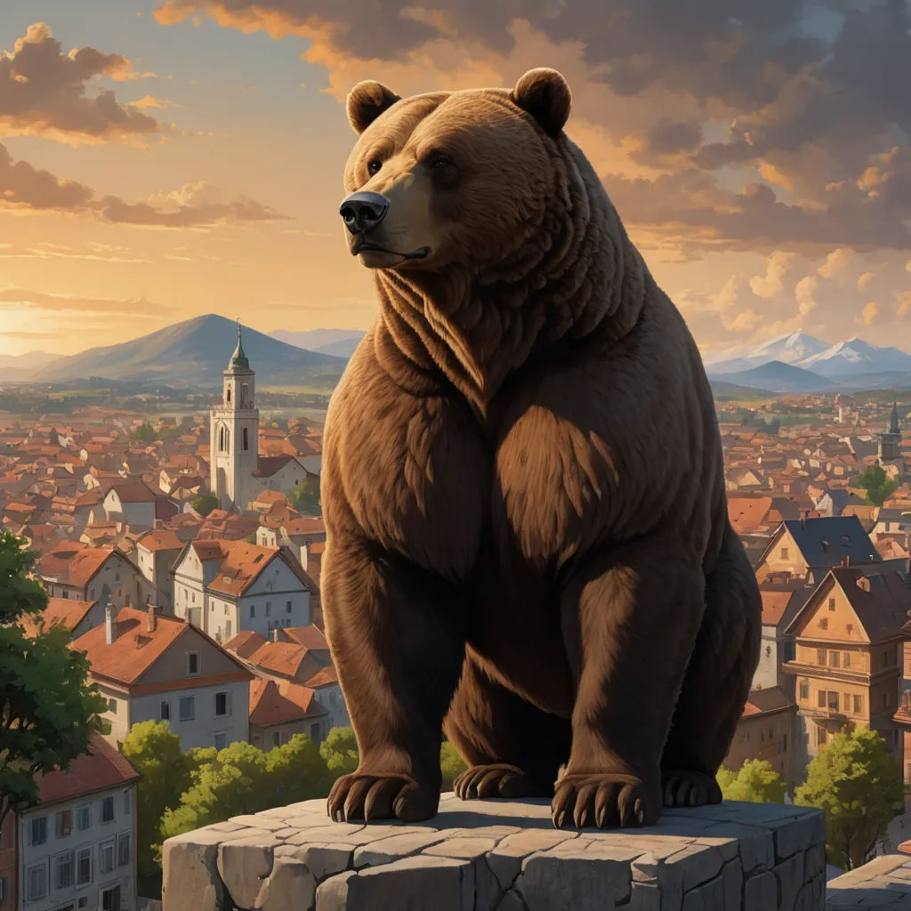 a bear statue on a ledge overlooking a cityscape with mountains in the background and a sunset in the sky, fantasy art, an ultrafine detailed painting, Christophe Vacher, city background