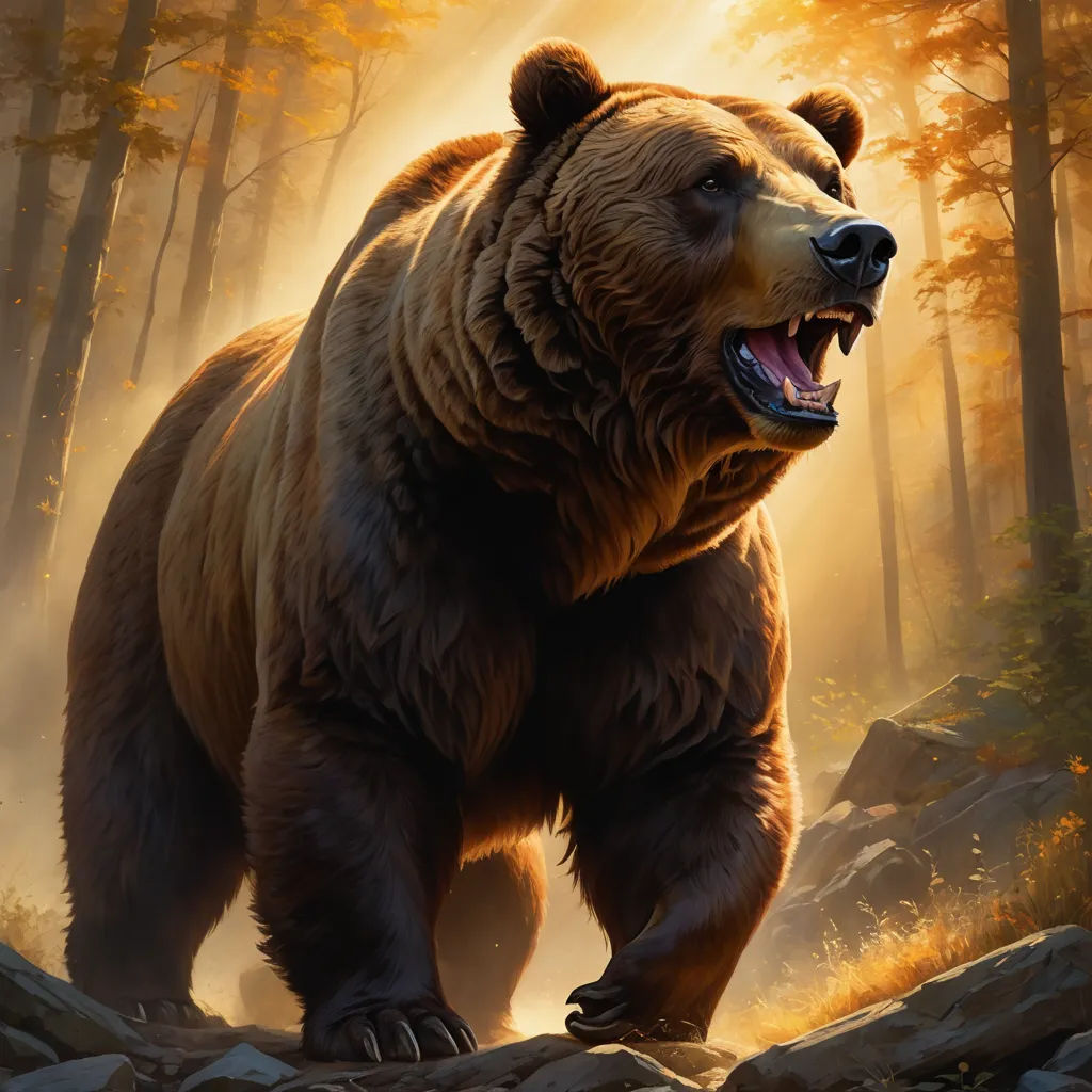 a large brown bear walking through a forest filled with trees and rocks, with its mouth open and its mouth wide open, furry art, a digital painting, Christophe Vacher, magic the gathering artwork