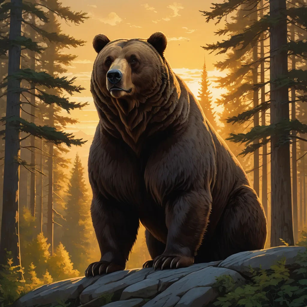 a bear is sitting on a rock in the woods at sunset with the sun shining through the trees behind it, furry art, a digital painting, Dan Mumford, official art