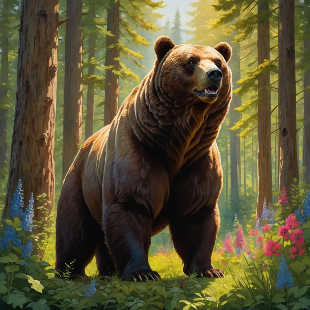 a painting of a bear in a forest with flowers and trees in the background and a sunlit forest, furry art, a detailed painting, Chris LaBrooy, magic the gathering artwork