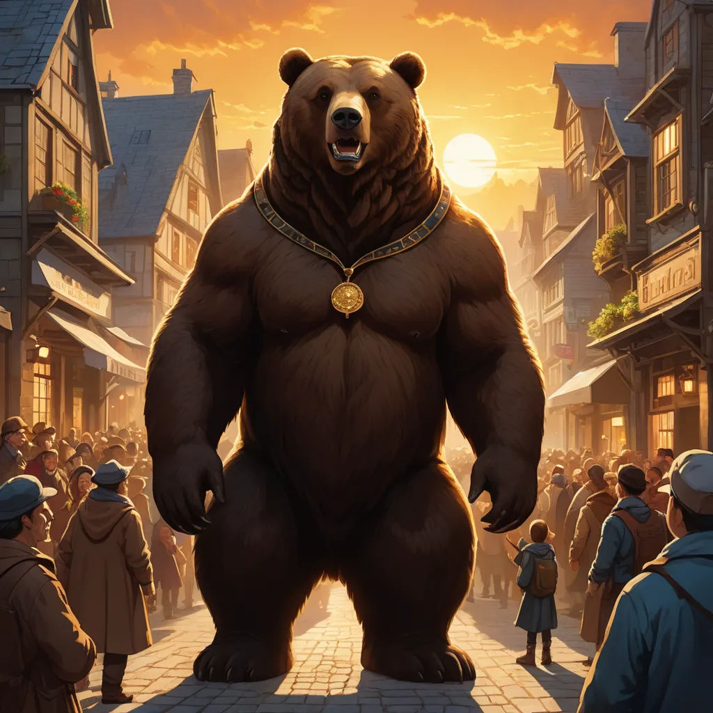 a large bear standing in a crowded street in front of a crowd of people in a town at sunset, altermodern, concept art, Chris LaBrooy, magic the gathering artwork
