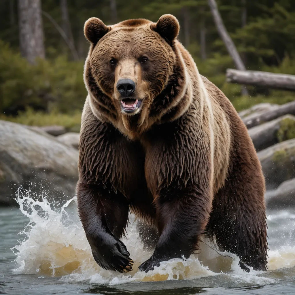 a large brown bear walking across a river next to a forest filled with trees and rocks, with a large brown bear standing on top of a rock, naturalism, a stock photo, Alson S. Clark, wildlife photography